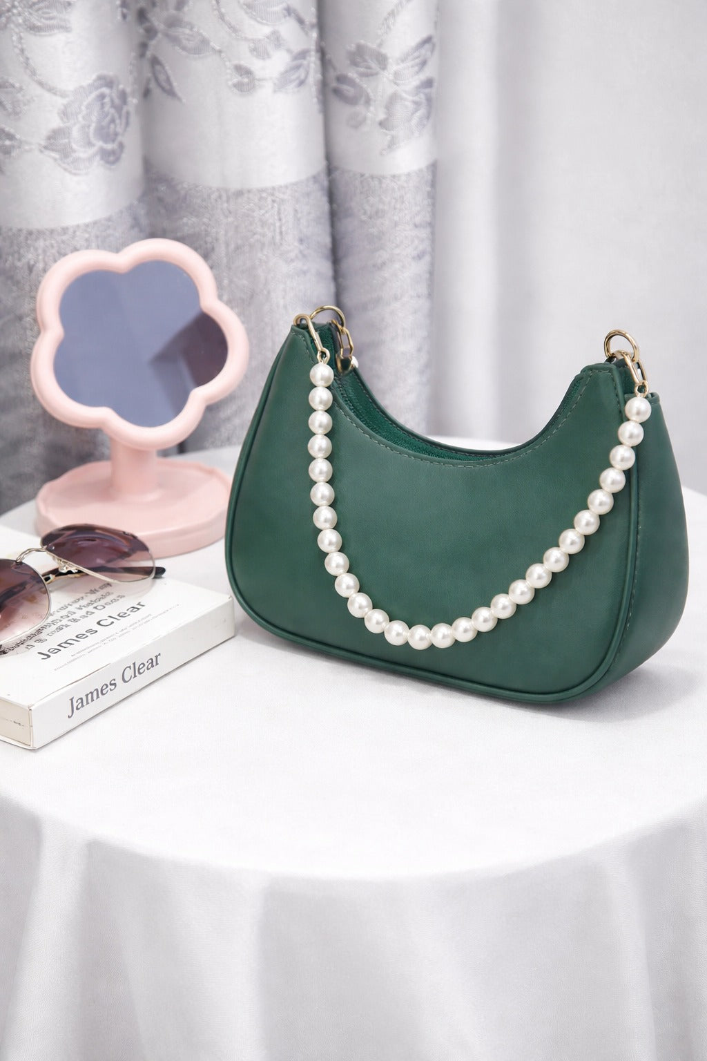 Elegant Pearl Chain Shoulder Bag – Green | Rubi's Collection